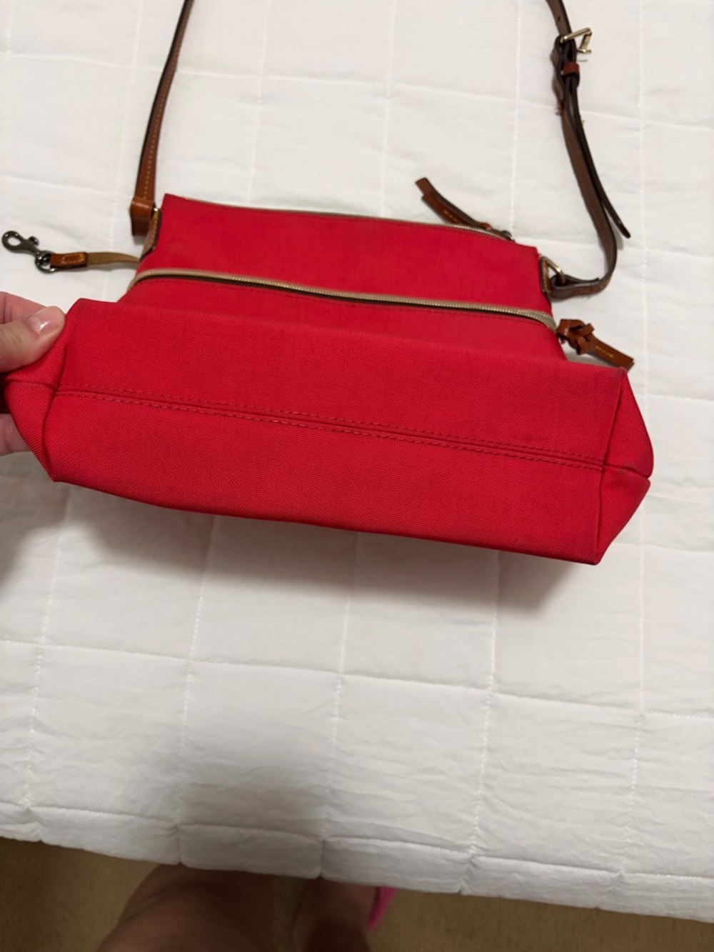 Red Crossbody Canvas Bag with Brown Trim - Picture 4 of 4